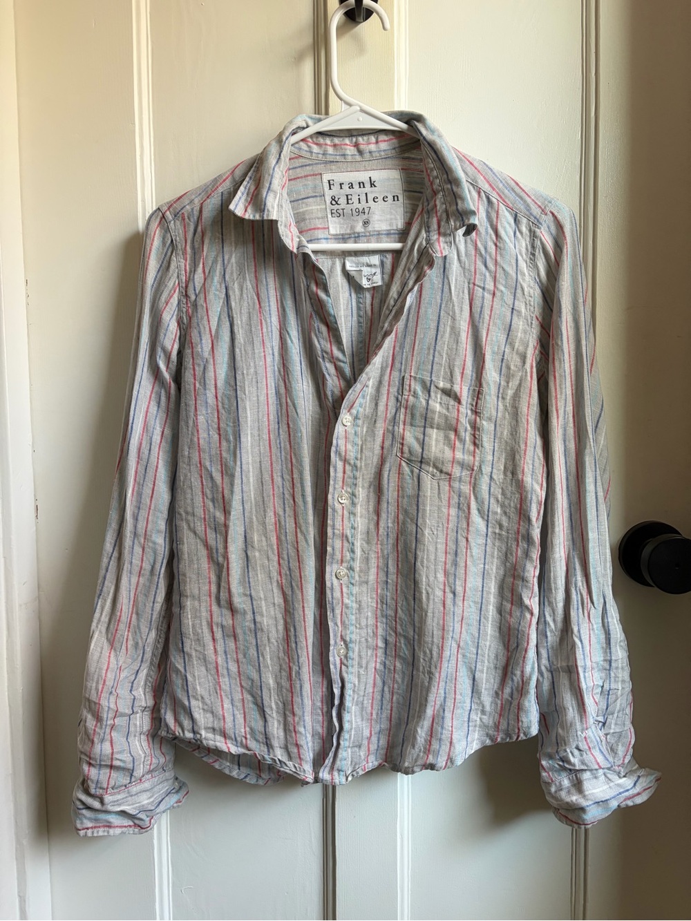 Frank & Eileen Light Gray Button-Down Shirt with Red and Blue Stripes